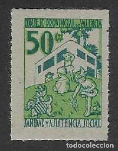 Sellos: CONSEJO PROVINCIAL DE VALENCIA. SANIDAD Y ASISTENCIA SOCIAL. 50 CTS.