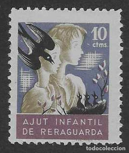 Sellos: AJUT INFANTIL DE RERAGUARDA. PAREJA DE NI&Ntilde;OS Y GOLONDRINA.