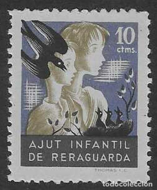 Sellos: AJUT INFANTIL DE RERAGUARDA. PAREJA DE NI&Ntilde;OS Y GOLONDRINA.