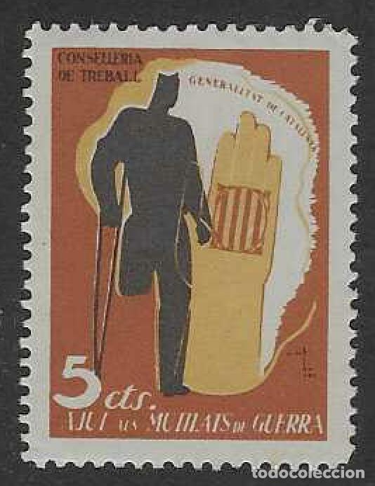 Sellos: AJUTS ALS MUTILATS DE GUERRA. CONSELLERIA DE TREBALL GENERALITAT DE CATALUNYA. 5 CTS.