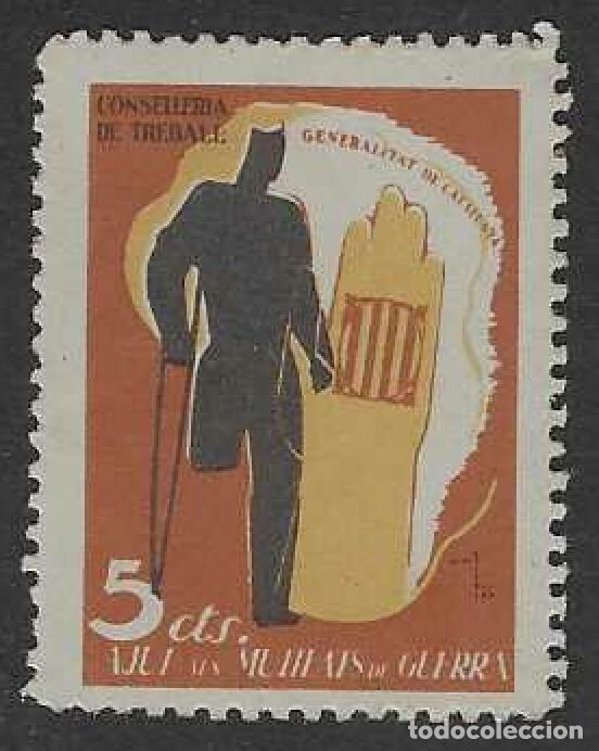 Sellos: AJUTS ALS MUTILATS DE GUERRA. CONSELLERIA DE TREBALL GENERALITAT DE CATALUNYA. 5 CTS.