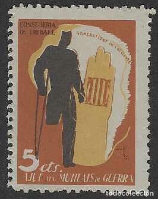 Sellos: AJUTS ALS MUTILATS DE GUERRA. CONSELLERIA DE TREBALL GENERALITAT DE CATALUNYA. 5 CTS.