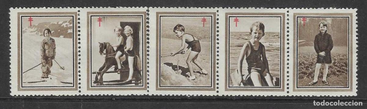Sellos: VI&Ntilde;ETAS, TIRA DE 5 SELLOS, NI&Ntilde;OS EN JUEGOS- CON CRUZ DE LORENA- VER FOTOS