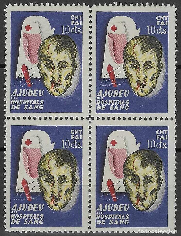 Sellos: C.N.T.-F.A.I. AYUDAD A LOS HOSPITALES DE SANGRE. 10 C&Eacute;NTIMOS.