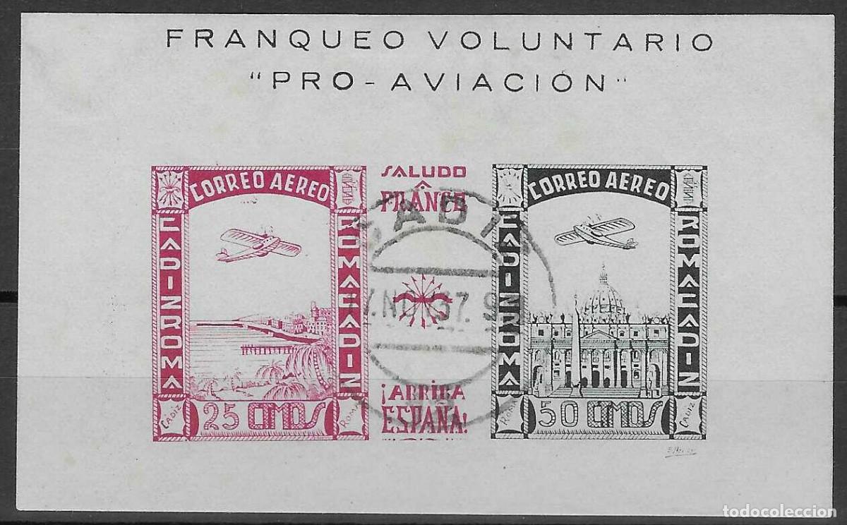 Sellos: C&Aacute;DIZ. FRANQUEO VOLUNTARIO. PRO AVIACI&Oacute;N. C&Aacute;DIZ-ROMA. ROMA-C&Aacute;DIZ. HOJA SIN DENTAR.