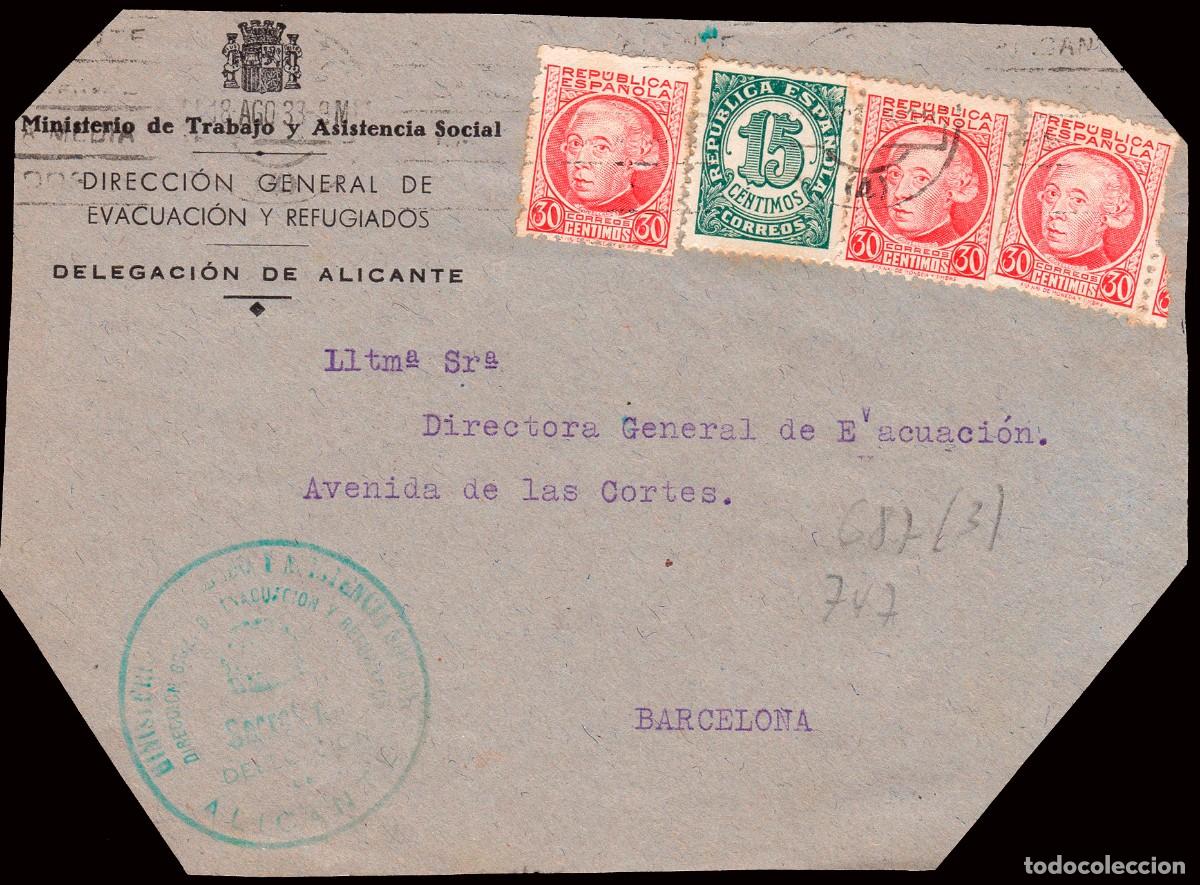 Sellos: Alicante - Guerra Civil - Edio 687(3)+747 - Frontal membrete + marca &rdquo;Ministerio Trabajo..