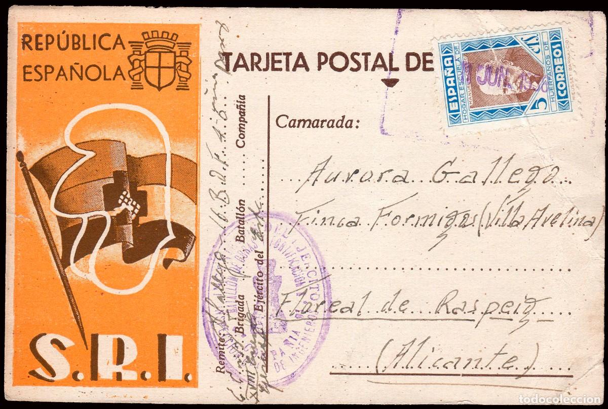 Sellos: Alicante - Guerra Civil - TP o 5 cts. Hu&eacute;rfanos Correos - Postal SRI + marca +
