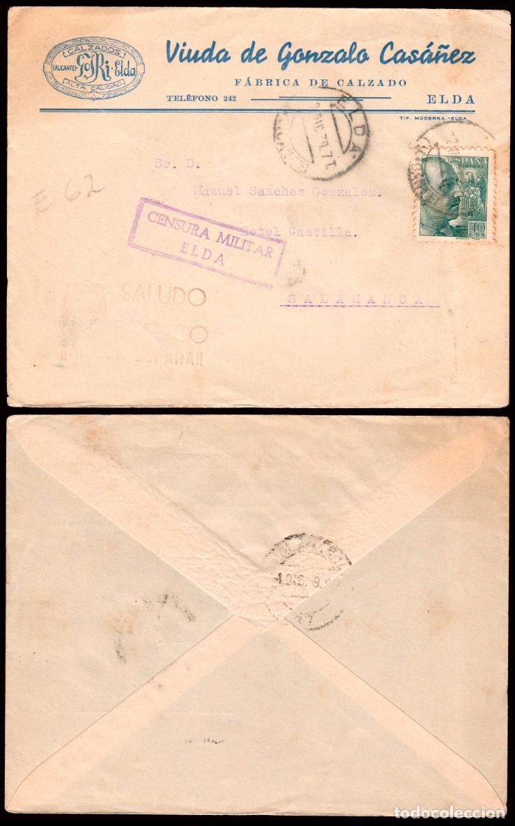 Sellos: Alicante - Guerra Civil - Edi o 870 - Sobre Mat &rdquo;Elda 2/Dic./39&rdquo; + &rdquo;Censura Militar - Elda&rdquo; + cu&ntilde;o