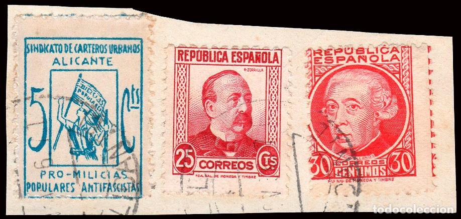 Sellos: Alicante - Guerra Civil - Em. Local Republicana - Allepuz o 1+ Espa&ntilde;a 685+687 - Fragmento