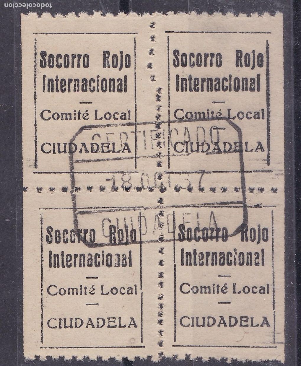 Sellos: FC-274-Guerra Civil Vi&ntilde;etas SOCORRO ROJO INTERNACIONAL CIUDADELA . Bloque de 4