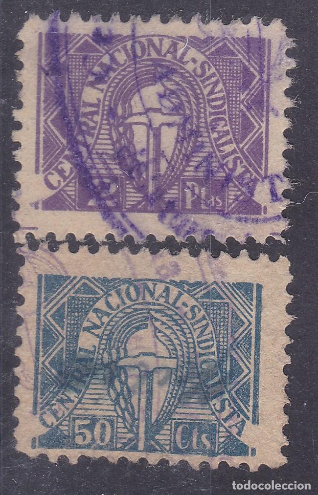 Sellos: AA7-Vi&ntilde;etas CNS . Central NACIONAL SINDICALISTA . 50 Cts y 2 Ptas. Usadas