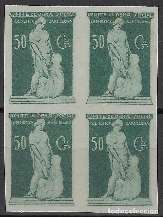Sellos: BARCELONA. COMIT&Eacute; DE OBRA SOCIAL Y BEN&Eacute;FICA. 50 CTS. (BLOQUE DE 4 SELLOS).