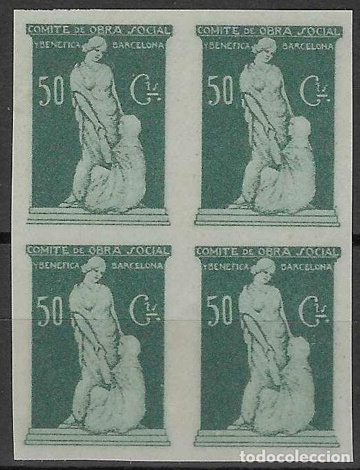 Sellos: BARCELONA. COMIT&Eacute; DE OBRA SOCIAL Y BEN&Eacute;FICA. 50 CTS. (BLOQUE DE 4 SELLOS).