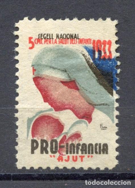Sellos: SEGELL PRO INFANCIA AJUT, GENERALITAT 1933. EDIFIL - ALLEPUZ N&ordm; 3045ida COLOR ZUL DESPLAZADO