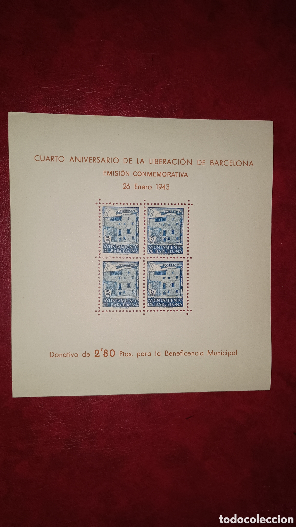 Sellos: ESPA&Ntilde;A 1943 - AYUNTAMIENTO DE BARCELONA EDIFIL 48 - CUARTO ANIVERSARIO DE LA LIBERACI&Oacute;N - PRUEBA