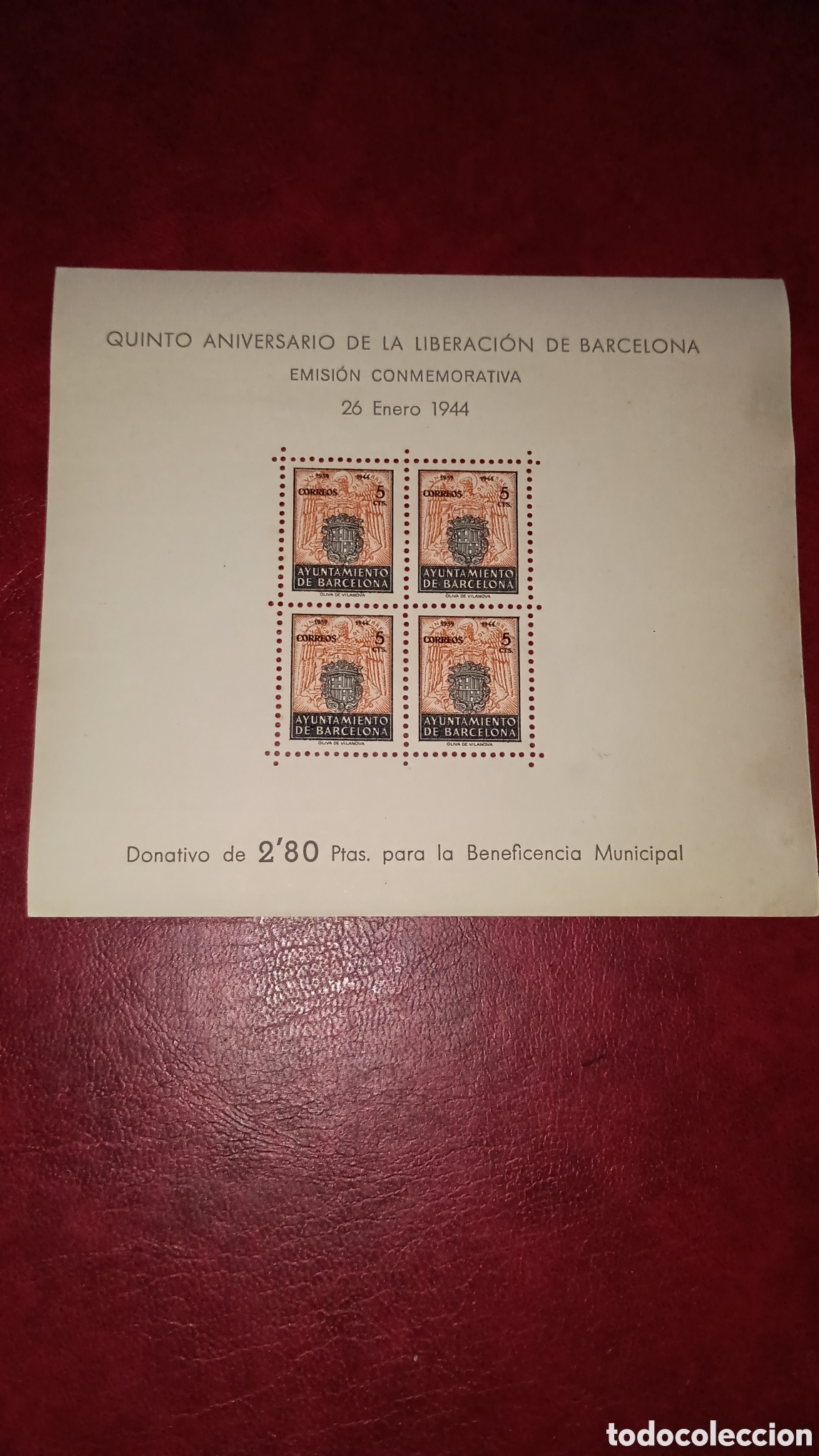 Sellos: ESPA&Ntilde;A 1944 - AYUNTAMIENTO DE BARCELONA EDIFIL 60 - QUINTO ANIVERSARIO DE LA LIBERACI&Oacute;N - PRUEBA
