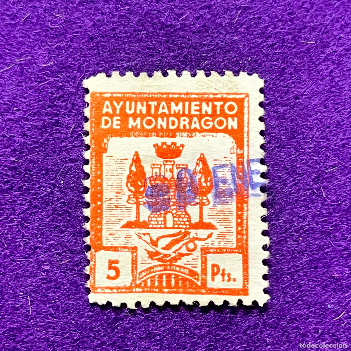 Timbres: VI&Ntilde;ETA, SELLO, FISCAL DE MONDRAGON (GUIPUZCOA). AYUNTAMIENTO. 5 PTS. CORONA MURAL. RARA.