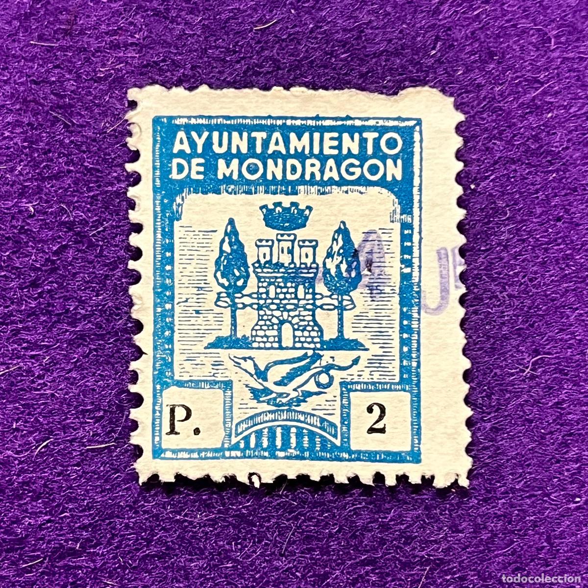 Timbres: VI&Ntilde;ETA, SELLO, FISCAL DE MONDRAGON (GUIPUZCOA). AYUNTAMIENTO. 2 PTS. CORONA MURAL. RARA.