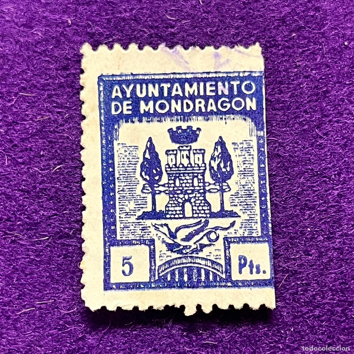 Timbres: VI&Ntilde;ETA, SELLO, FISCAL DE MONDRAGON (GUIPUZCOA). AYUNTAMIENTO. 5 PTS. CORONA MURAL. RARA.