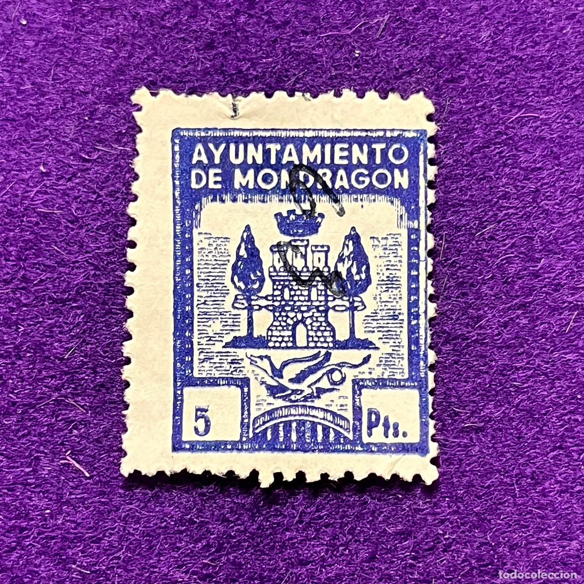 Timbres: VI&Ntilde;ETA, SELLO, FISCAL DE MONDRAGON (GUIPUZCOA). AYUNTAMIENTO. 5 PTS. CORONA MURAL. RARA.