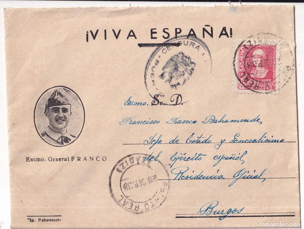 Timbres: Sobre patri&oacute;tico Franco Censura. Vi&ntilde;eta Beneficencia Diputaci&oacute;n C&aacute;diz. Puerto Real.