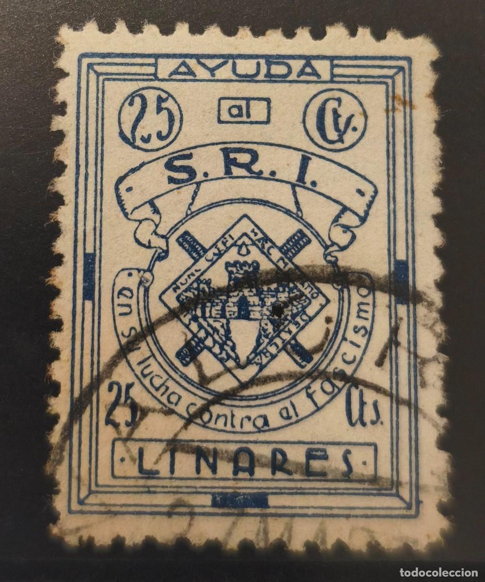 Sellos: LINARES (JAEN). EDIFIL 3 US. 25 CTS AZUL S.R.I.