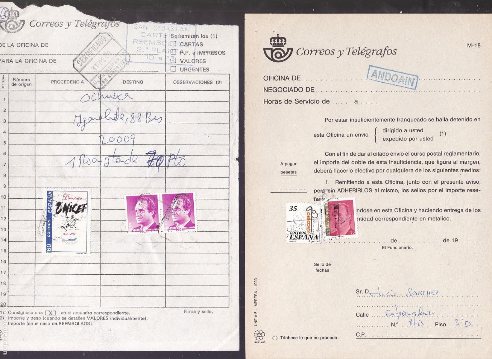 Sellos: GP9- Lote 2 Documentos CORREOS.Franqueo Insuficiente, Reembolsos, ANDOAIN y SAN SEBASTIAN