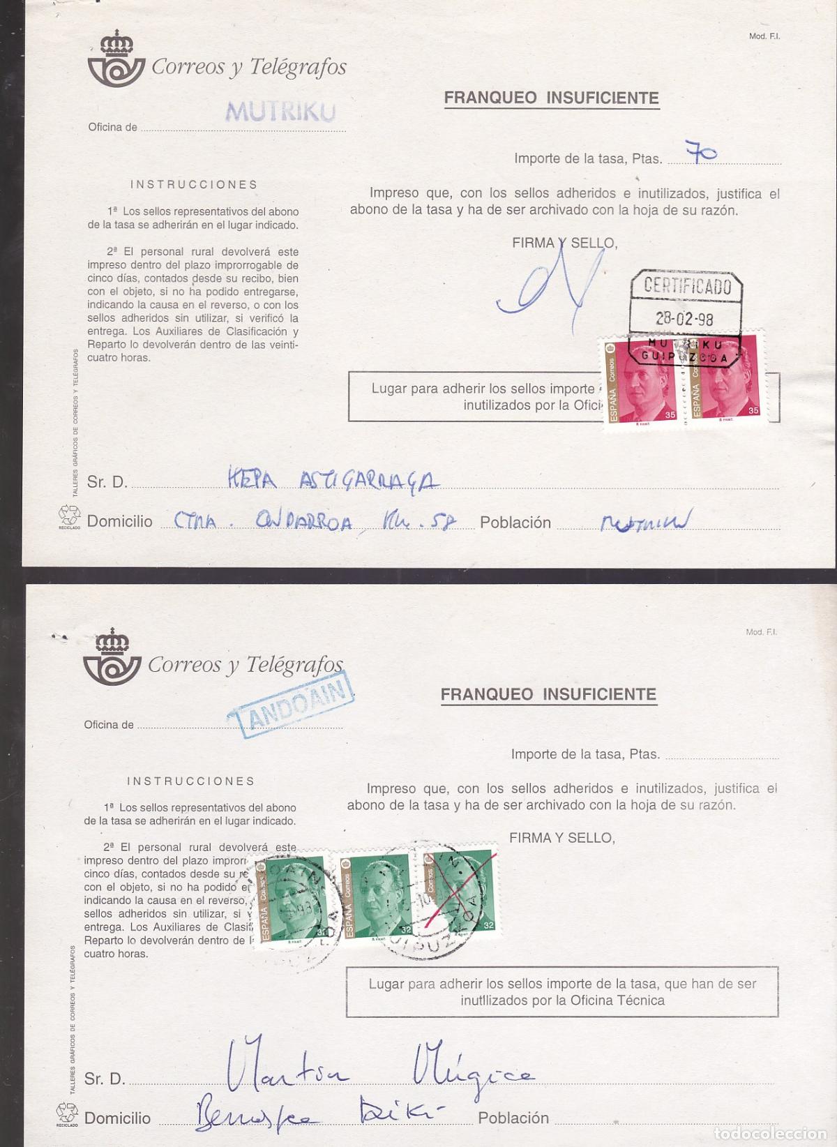 Sellos: GP11- Lote 2 Documentos CORREOS. TASA por Franqueo Insuficiente, ANDOAIN y MUTRIKU