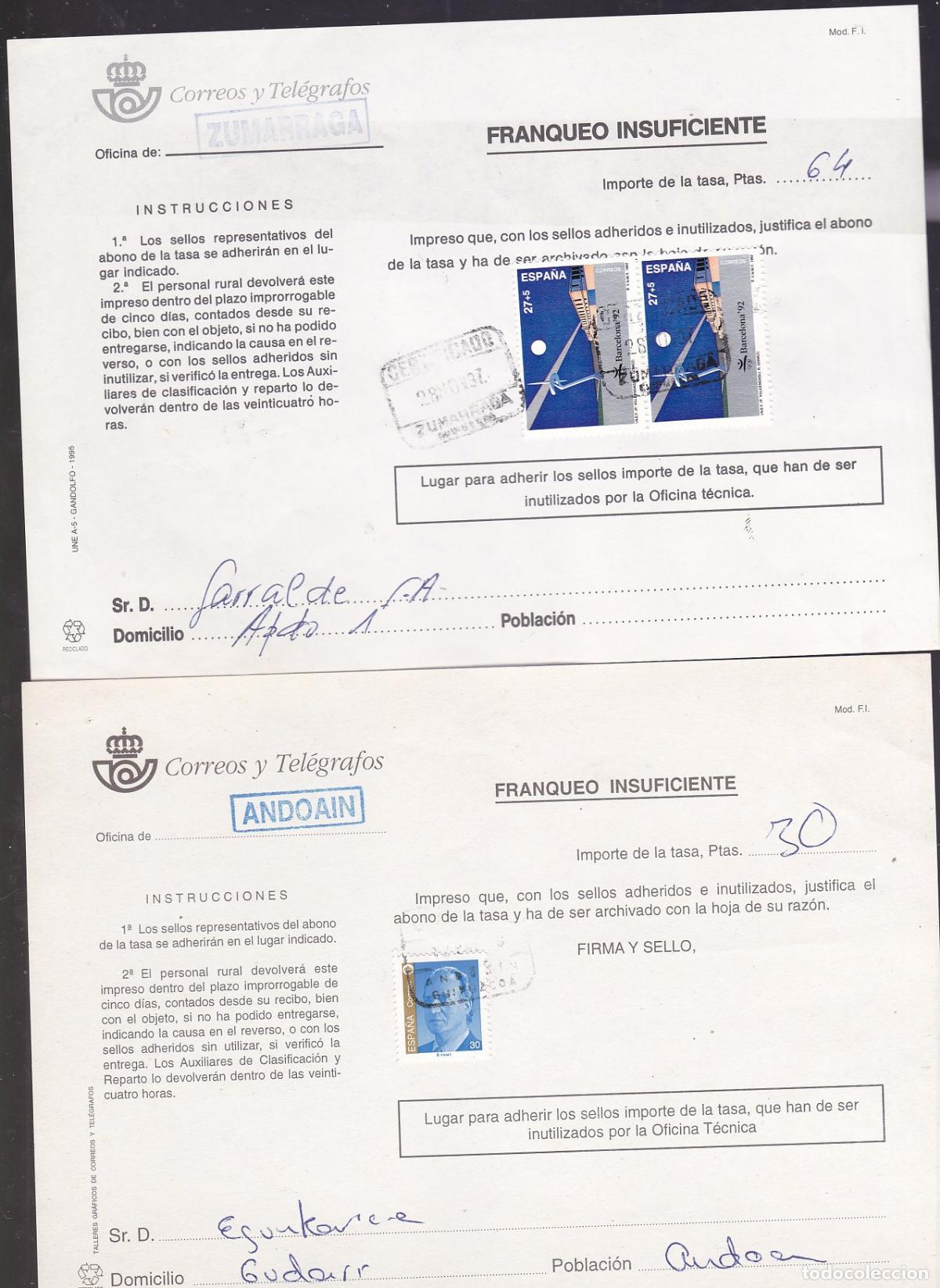 Sellos: GP12- Lote 2 Documentos CORREOS. TASA por Franqueo Insuficiente, ANDOAIN y ZUMARRAGA