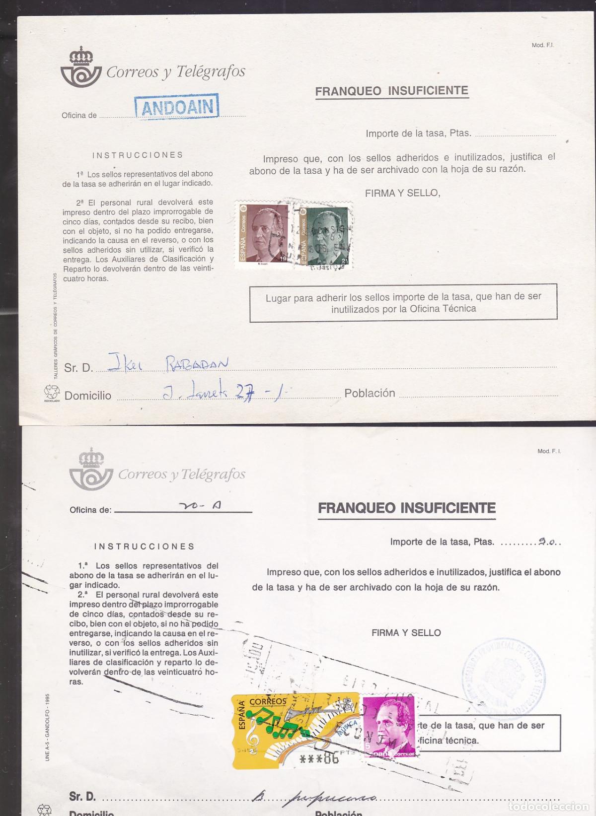 Sellos: GP18- Lote 2 Documentos CORREOS. TASA por Franqueo Insuficiente, ANDOAIN y SAN SEBASTIAN