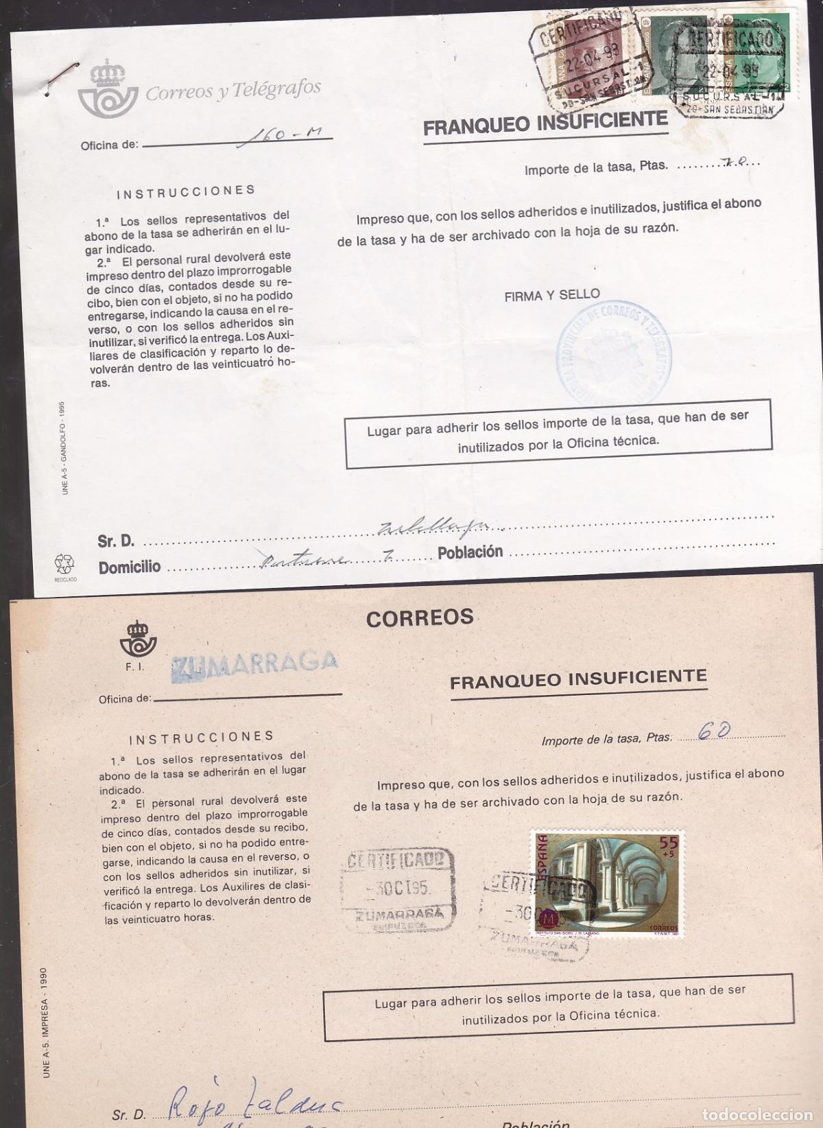 Sellos: GP19- Lote 2 Documentos CORREOS. TASA por Franqueo Insuficiente, ZUMARRAGA y SAN SEBASTIAN