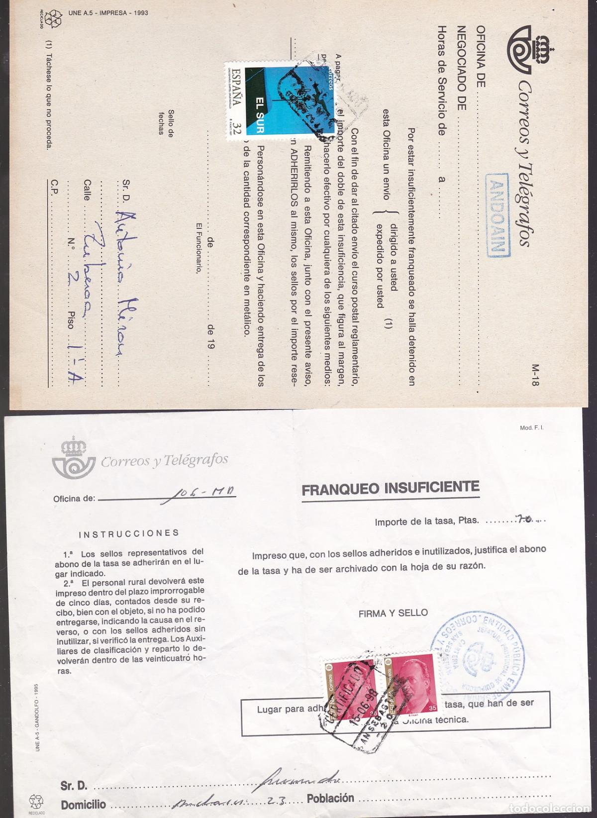 Sellos: GP31- Lote 2 Documentos CORREOS. TASA por Franqueo Insuficiente, ANDOAIN y SAN SEBASTIAN