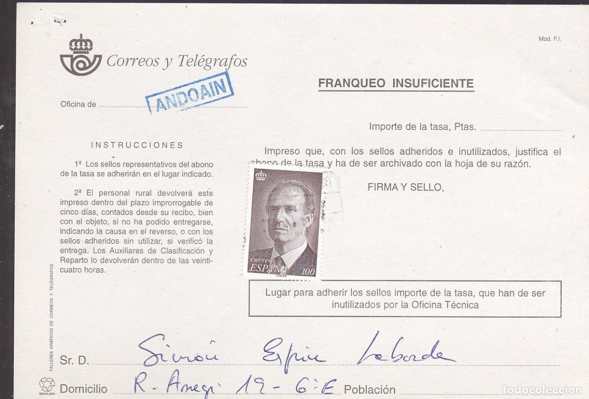 Sellos: GP33- Documento CORREOS. Tasa FRANQUEO INSUFICIENTE ANDOAIN Guipuzcoa
