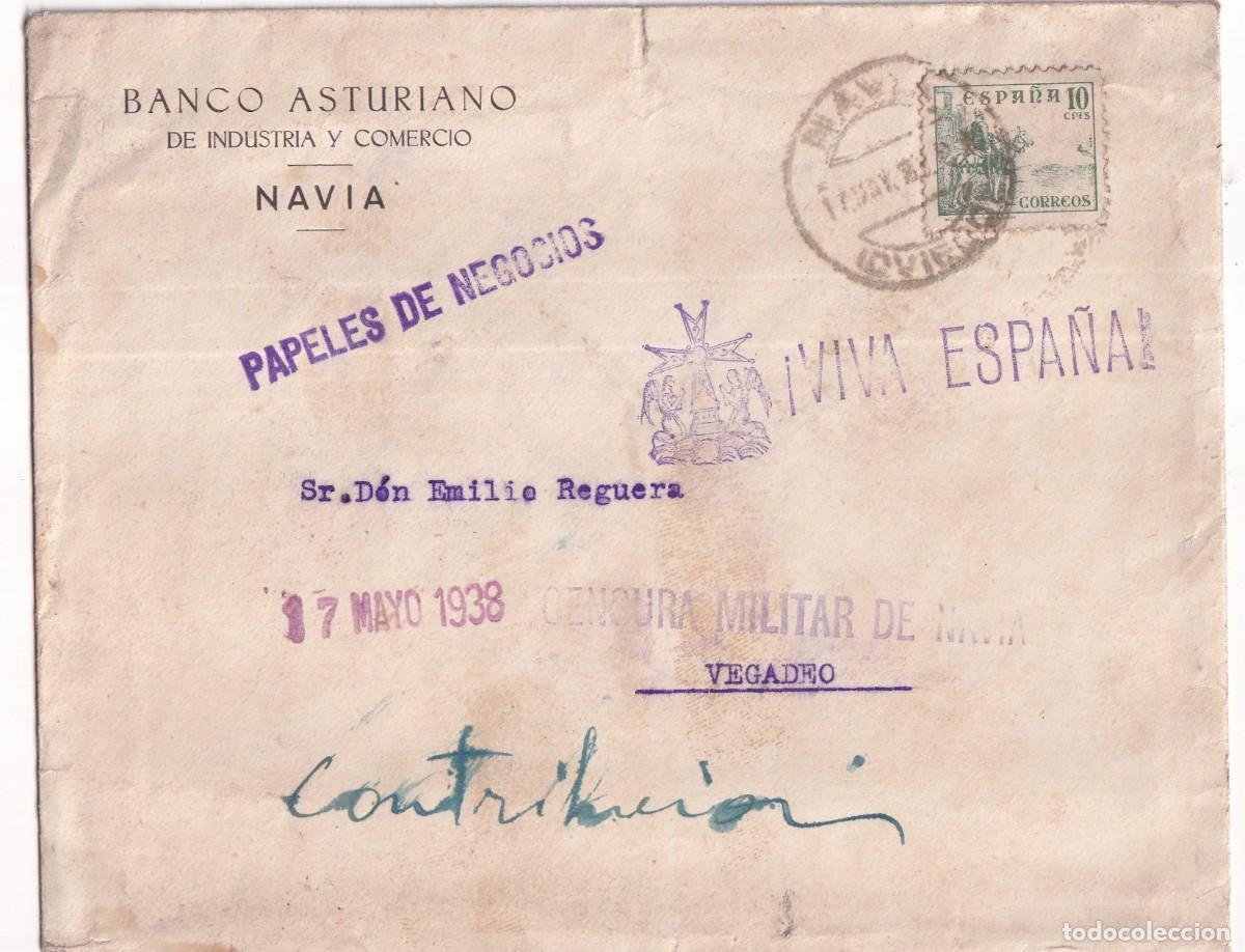 Selos: Banco Asturiano de industria y comercio. Navia. Sobre marca patri&oacute;tica. Censura militar Navia 1938
