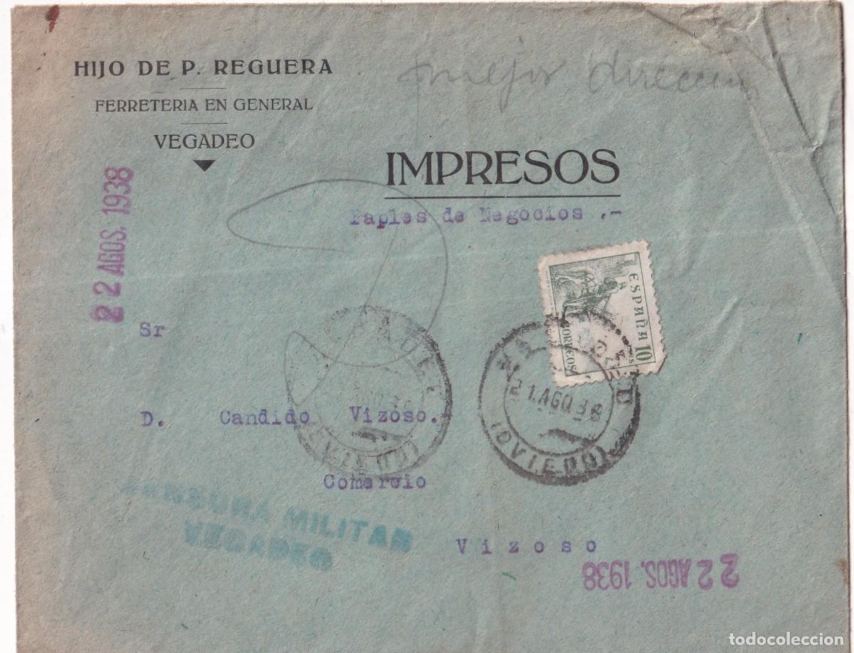 Selos: Sobre Hijo de P. Reguera, ferreter&iacute;a Vegadeo. censura miliar 1938 Guerra civil.