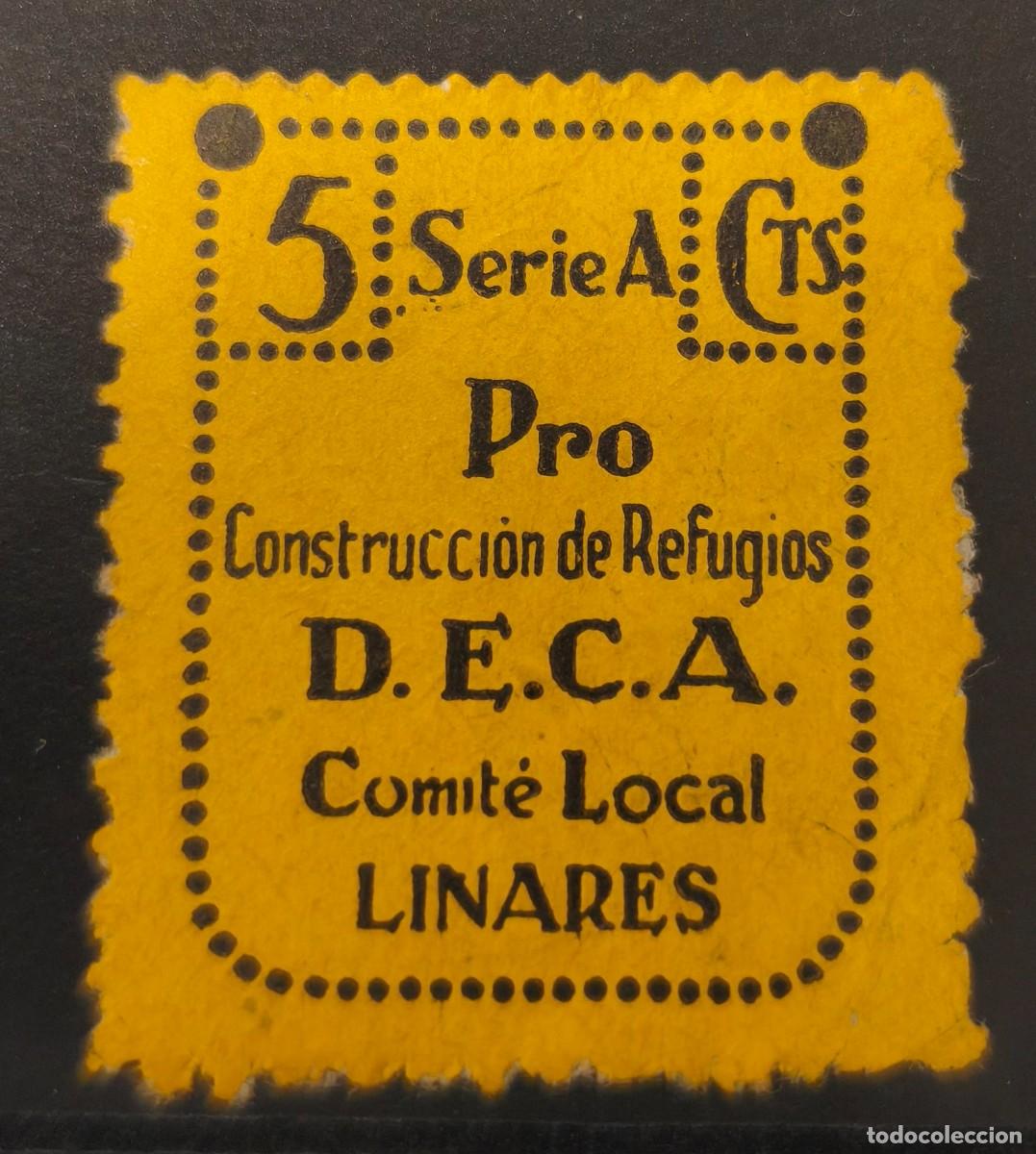 Sellos: LINARES (JAEN). EDIFIL 4 *. 5 CTS NEGRO S AMARILLO PRO CONSTRUCCION DE REFUGIOS