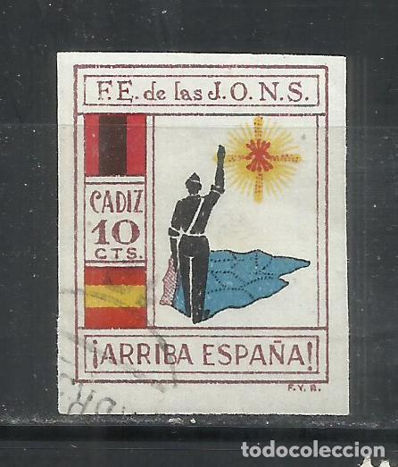 Sellos: Q749-SELLO LOCAL ESPA&Ntilde;A GUERRA CIVIL 1936 CADIZ FALANGE SIN DENTAR. RARO USADO.
