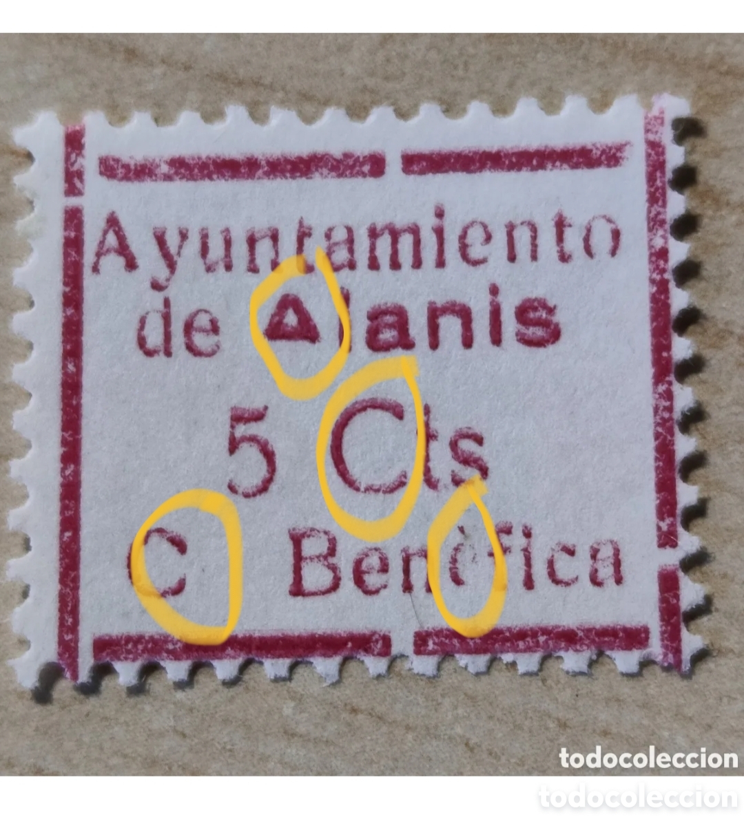 Timbres: cpx RARO Sevilla Alanis Ayuntamiento de 5 cts Cuota Ben&eacute;fica Allepuz 9a VER DESCRIPCION
