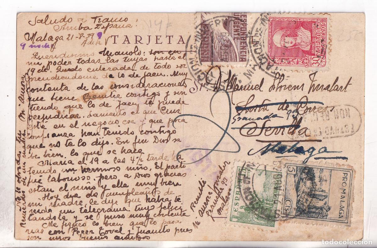 Sellos: POSTAL. C&Aacute;DIZ. ESTACI&Oacute;N DE INVIERNO. M&Aacute;LAGA. 1939. URGENTE. NO RECLAMADA. LISTA SEVILLA