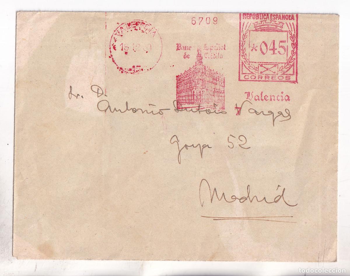 Sellos: SOBRE. RODILLO. BANCO ESPA&Ntilde;OL DE CR&Eacute;DITO VALENCIA 1939. BARCELONA A MADRID