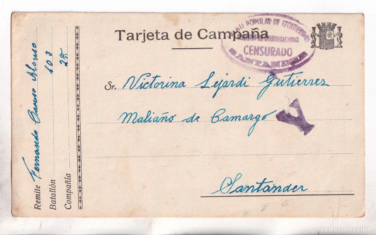 Sellos: TARJETA DE CAMPA&Ntilde;A DE SOLDADO REPUBLICANO. CENSURA MILITAR REPUBLICANA DE SANTANDER. 1937. A MALIA&Ntilde;O