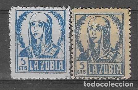 Sellos: LA ZUBIA-GRANADA-, 5 CTS. .PAREJA DOS TIPOS COLOR-ISABEL CATOLICA -VER FOTOS