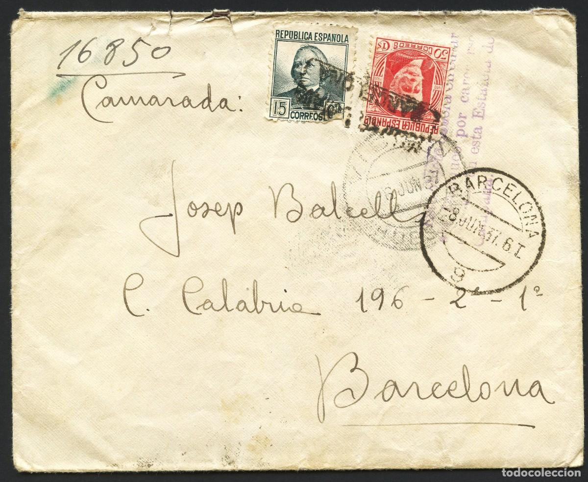 Timbres: GUERRA CIVIL, SOBRE, CIRCULADO DESDE FRENTE DE HUESCA A BARCELONA, 1937