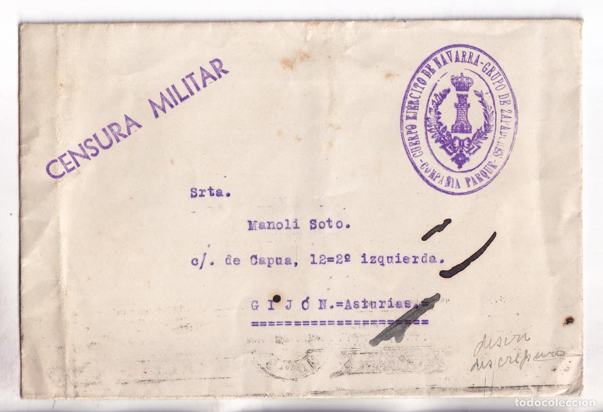 Selos: SOBRE. FRANQUICIA EJ&Eacute;RCITO DE NAVARRA. 1938. FRENTE CATALU&Ntilde;A. A GIJ&Oacute;N. ASTURIAS. RODILLO. CENSURA