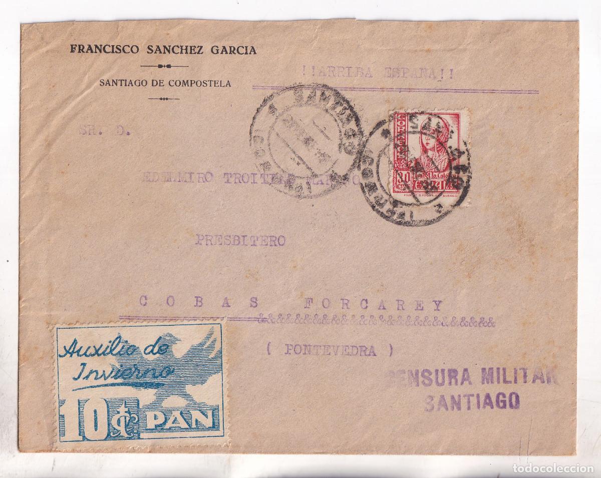 Sellos: SOBRE. SANTIAGO. GALICIA. AUXILIO DE INVIERNO. 1938. CENSURA MILITAR. A COBAS FORCAREI. PONTEVEDRA