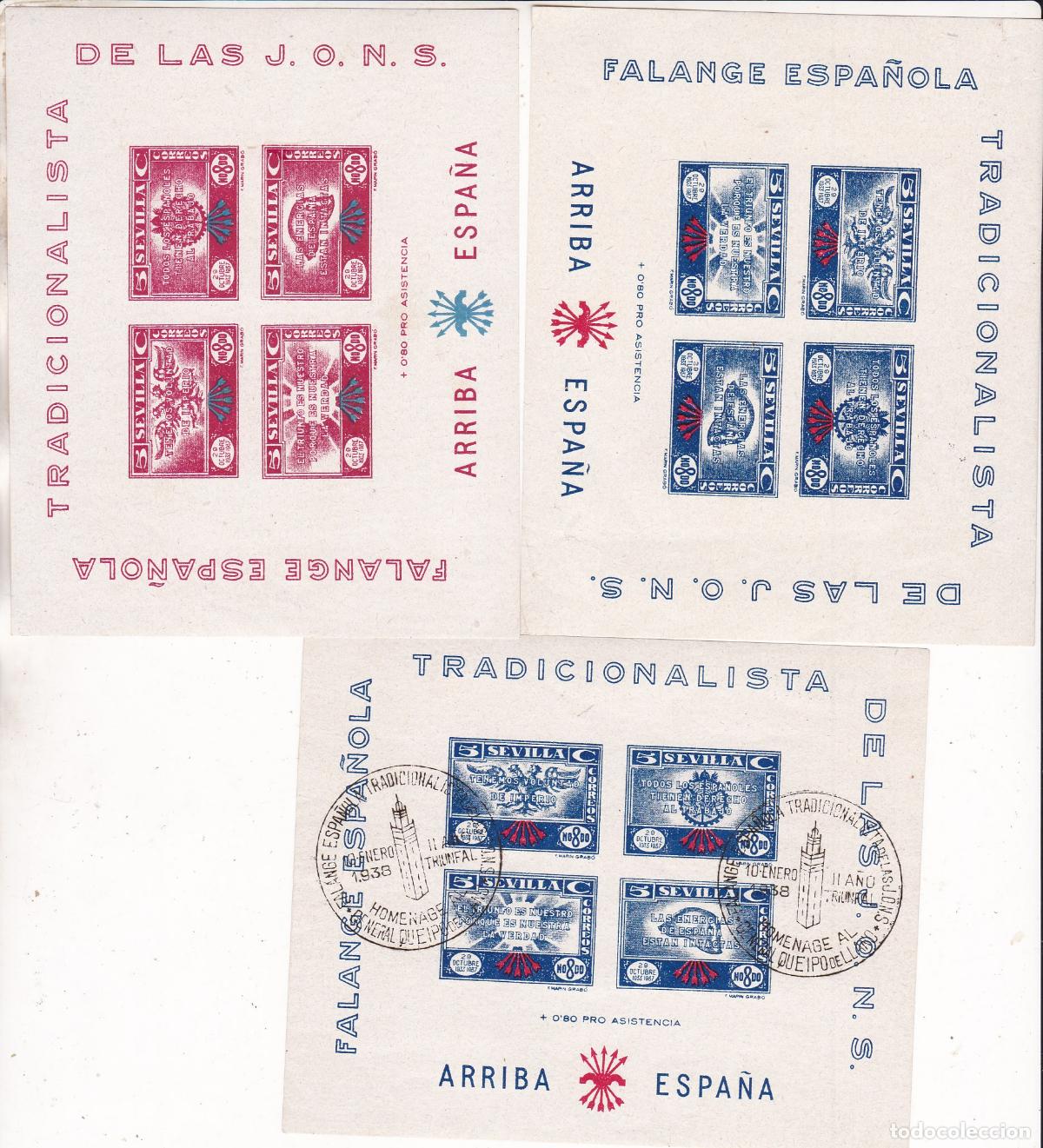 Stamps: AA28-Guerra Civil . Hojas Bloque FALANGE Sevilla. 2 Nuevas * y una Usada Matasellos Especial