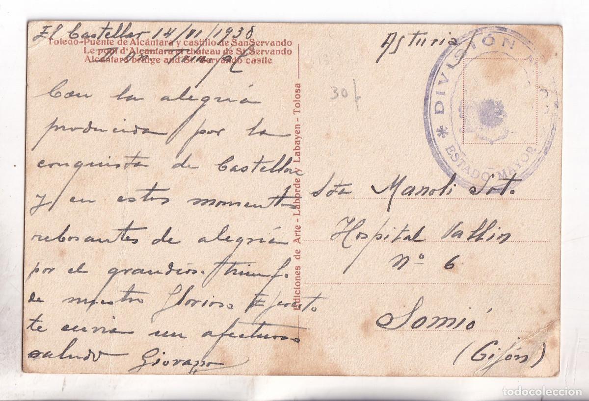 Sellos: POSTAL. EL CASTELLAR. TERUEL. 1938. FRANQUICIA ESTADO MAYOR. A UN HOSPITAL DE GIJ&Oacute;N, ASTURIAS.