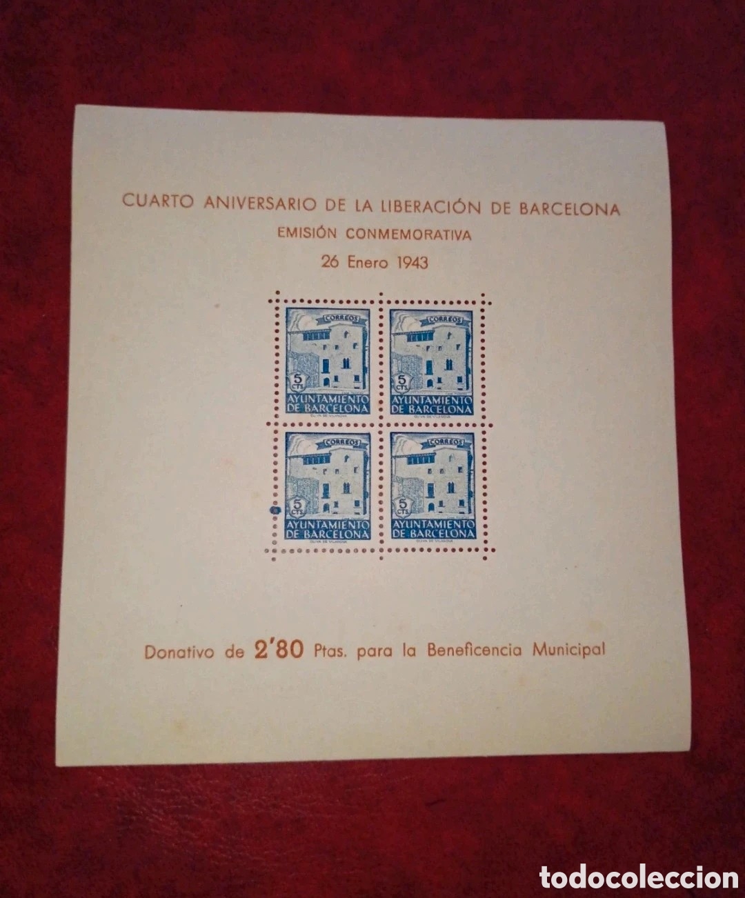 Sellos: ESPA&Ntilde;A 1943 - AYUNTAMIENTO DE BARCELONA EDIFIL 48 - CUARTO ANIVERSARIO DE LA LIBERACI&Oacute;N - PRUEBA