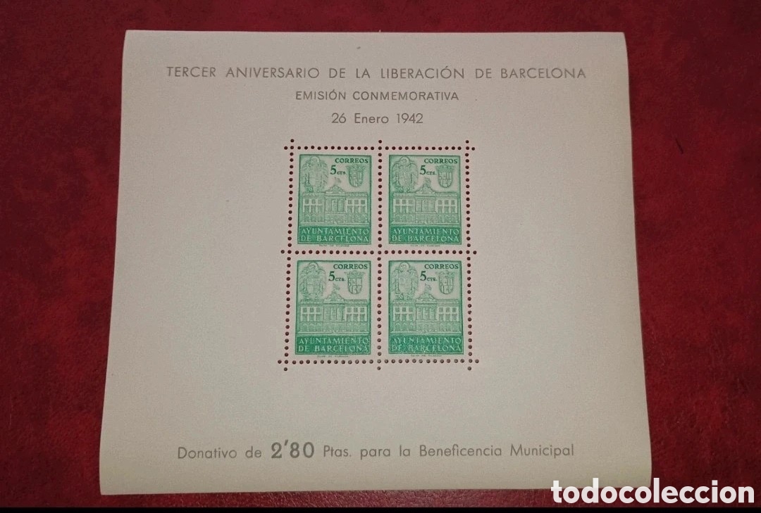 Sellos: ESPA&Ntilde;A 1942 - AYUNTAMIENTO DE BARCELONA EDIFIL 39 - TERCER ANIVERSARIO DE LA LIBERACI&Oacute;N - PRUEBA