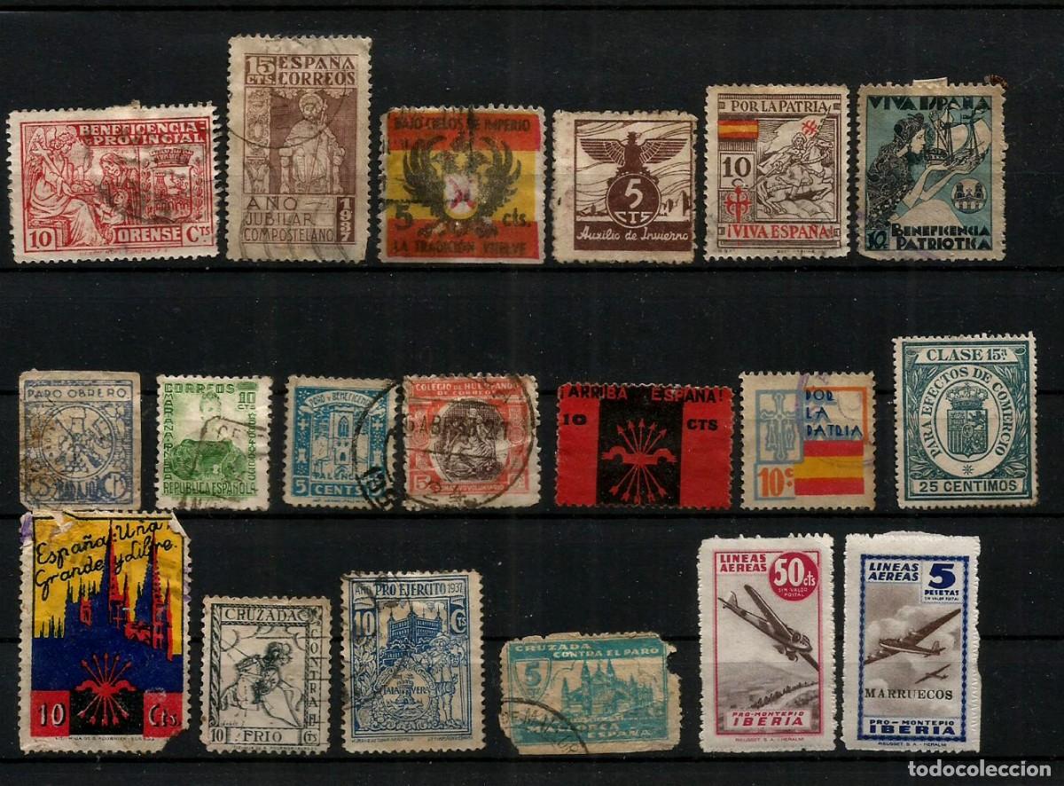 Sellos: ESPA&Ntilde;A - GUERRA CIVIL - POSGUERRA - POLIZAS - AT&Iacute;PICOS - LOTE DE 48 - NUEVOS Y USADOS